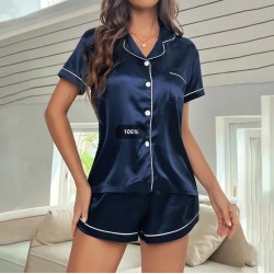 Womens Pajama Set Victoria Style Summer Satin Striped Embroidered Short Sleeve Top Short Pants Two piece Casual Home Clothes Set