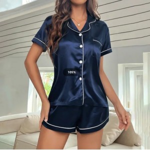 Womens Pajama Set Victoria Style Summer Satin Striped Embroidered Short Sleeve Top Short Pants Two piece Casual Home Clothes Set