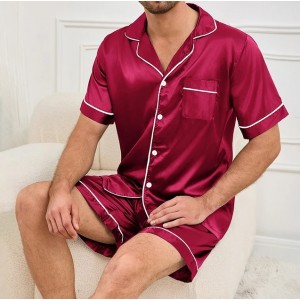 Mens two piece pajama set satin casual comfortable pijama button pocket short sleeve shirt with shorts Pajamas sleepwear for Men